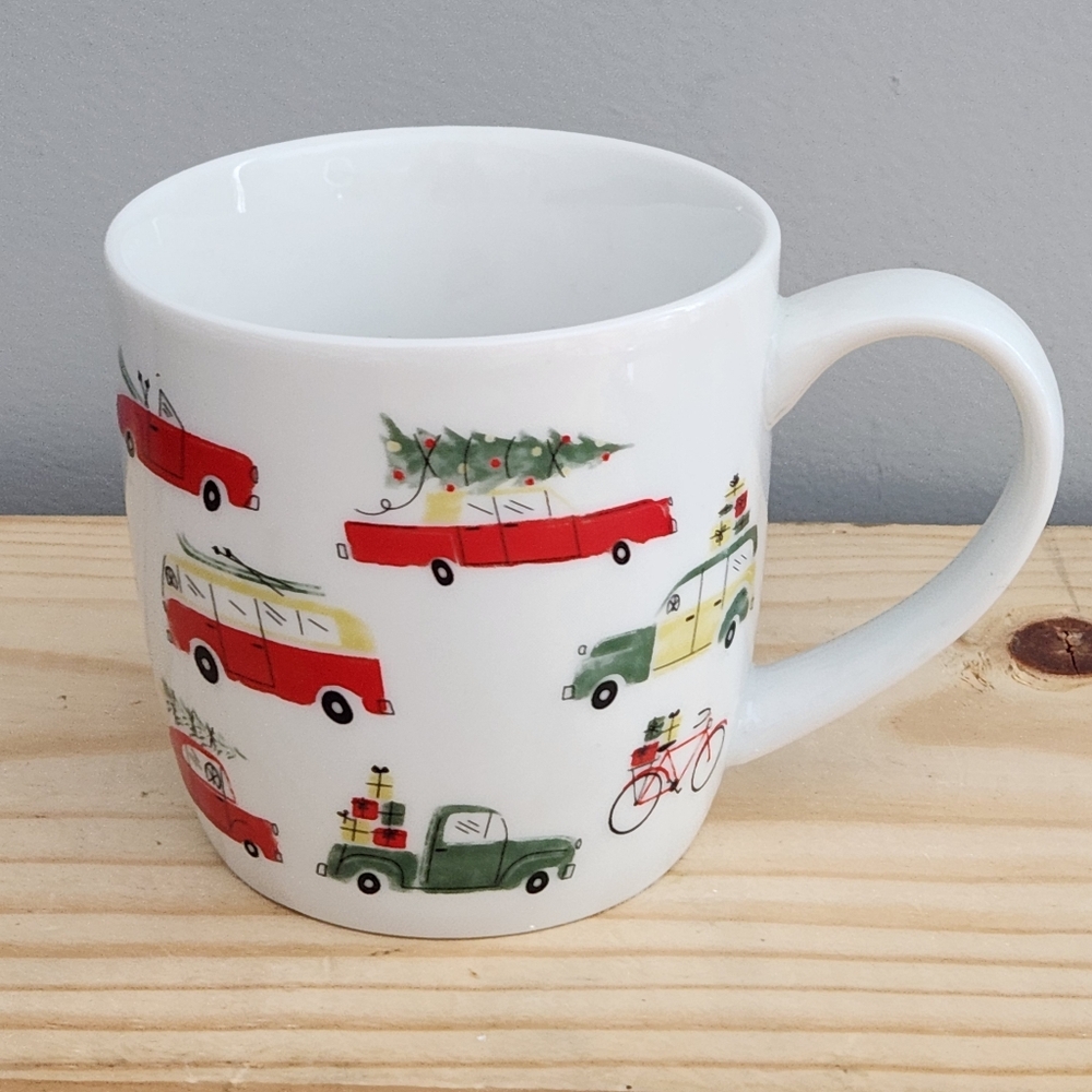 Ceramic Holiday Mug With Vintage Cars and Trucks With Trees and Presents